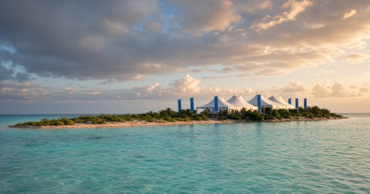 Illustrative Pacific atoll shoreline with conference tents under golden-hour sky, representing Pre-COP31 preparations ahead of Antalya COP31