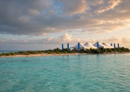 Illustrative Pacific atoll shoreline with conference tents under golden-hour sky, representing Pre-COP31 preparations ahead of Antalya COP31