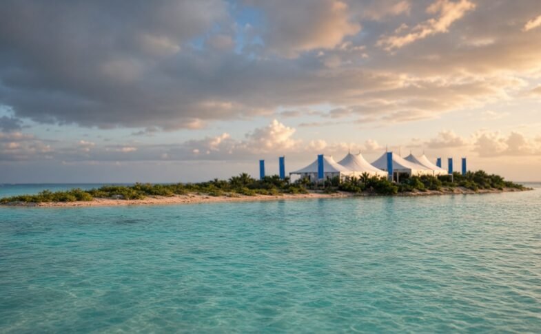 Illustrative Pacific atoll shoreline with conference tents under golden-hour sky, representing Pre-COP31 preparations ahead of Antalya COP31