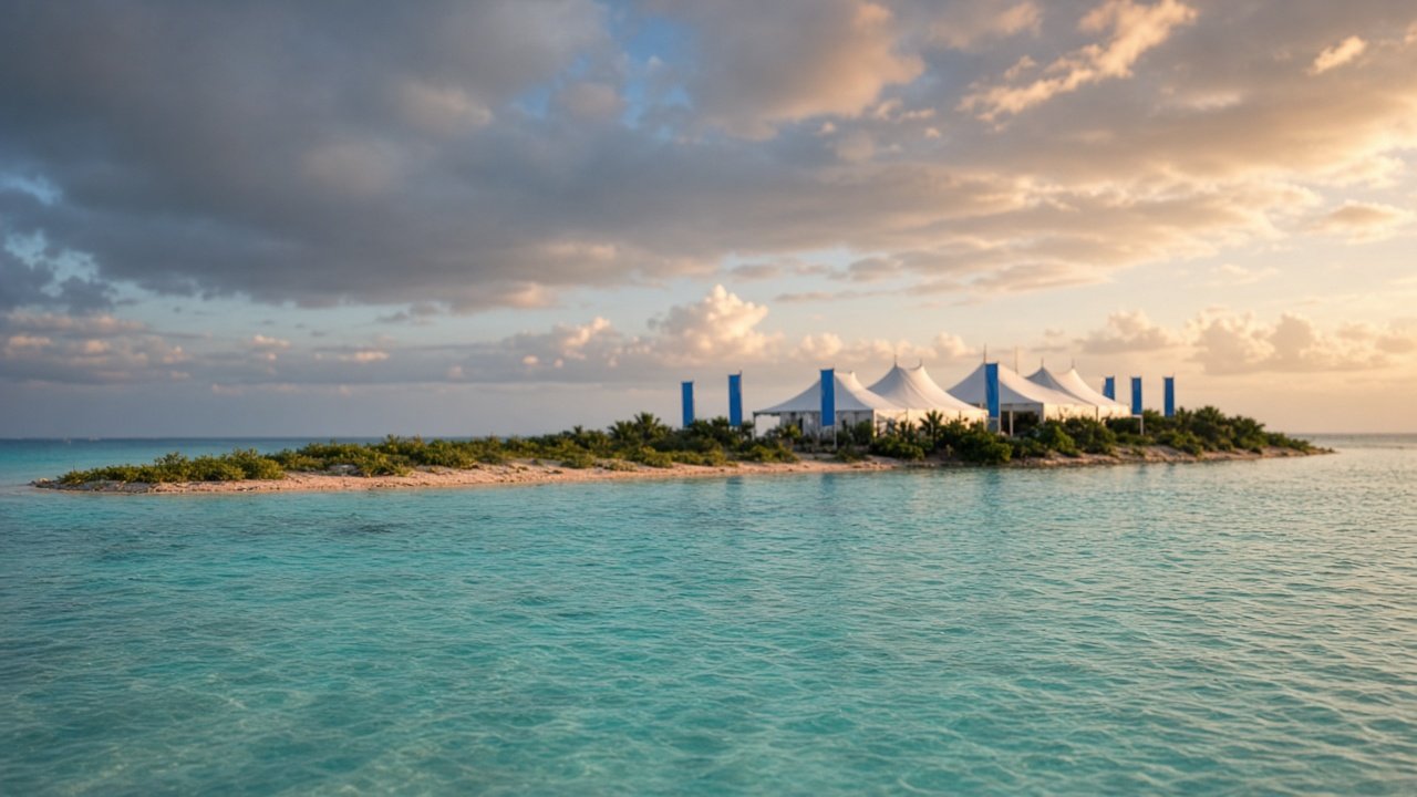 Illustrative Pacific atoll shoreline with conference tents under golden-hour sky, representing Pre-COP31 preparations ahead of Antalya COP31