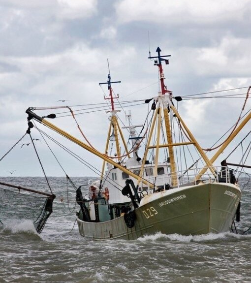 Beam trawler with bottom-contact fishing gear at sea — the kind of gear banned in Flensburg Fjord
