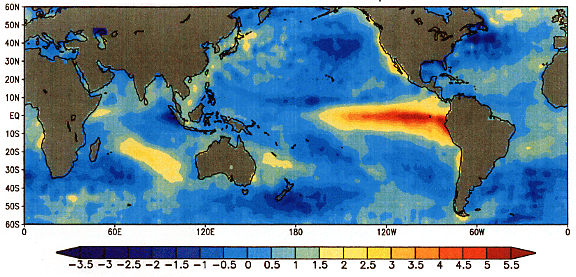 Chart of Pacific Ocean surface temperature anomalies in December 1997 during a strong El Niño