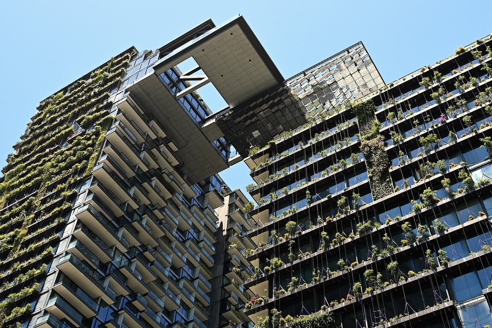 Landscape view of One Central Park Sydney residential towers with green facades