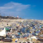 Landscape view of plastic waste covering a beach in Accra, Ghana