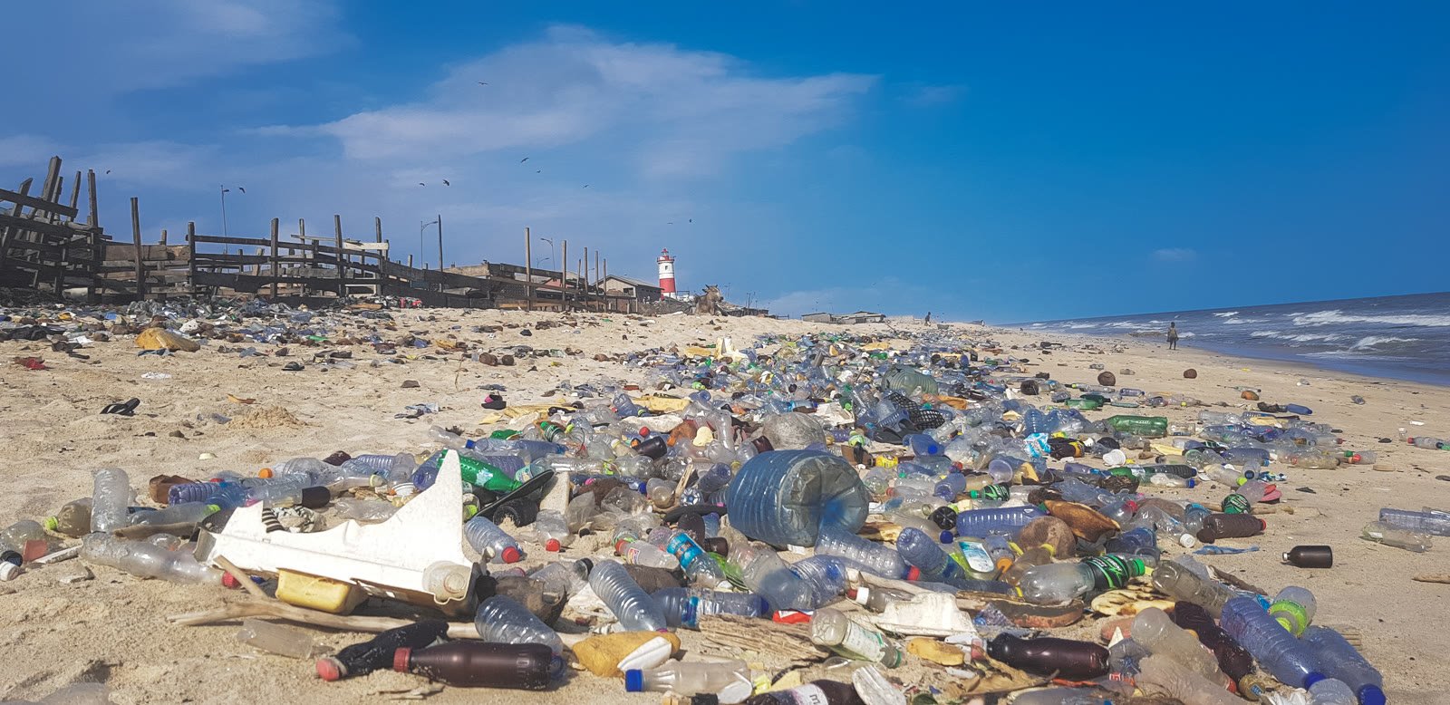 Landscape view of plastic waste covering a beach in Accra, Ghana