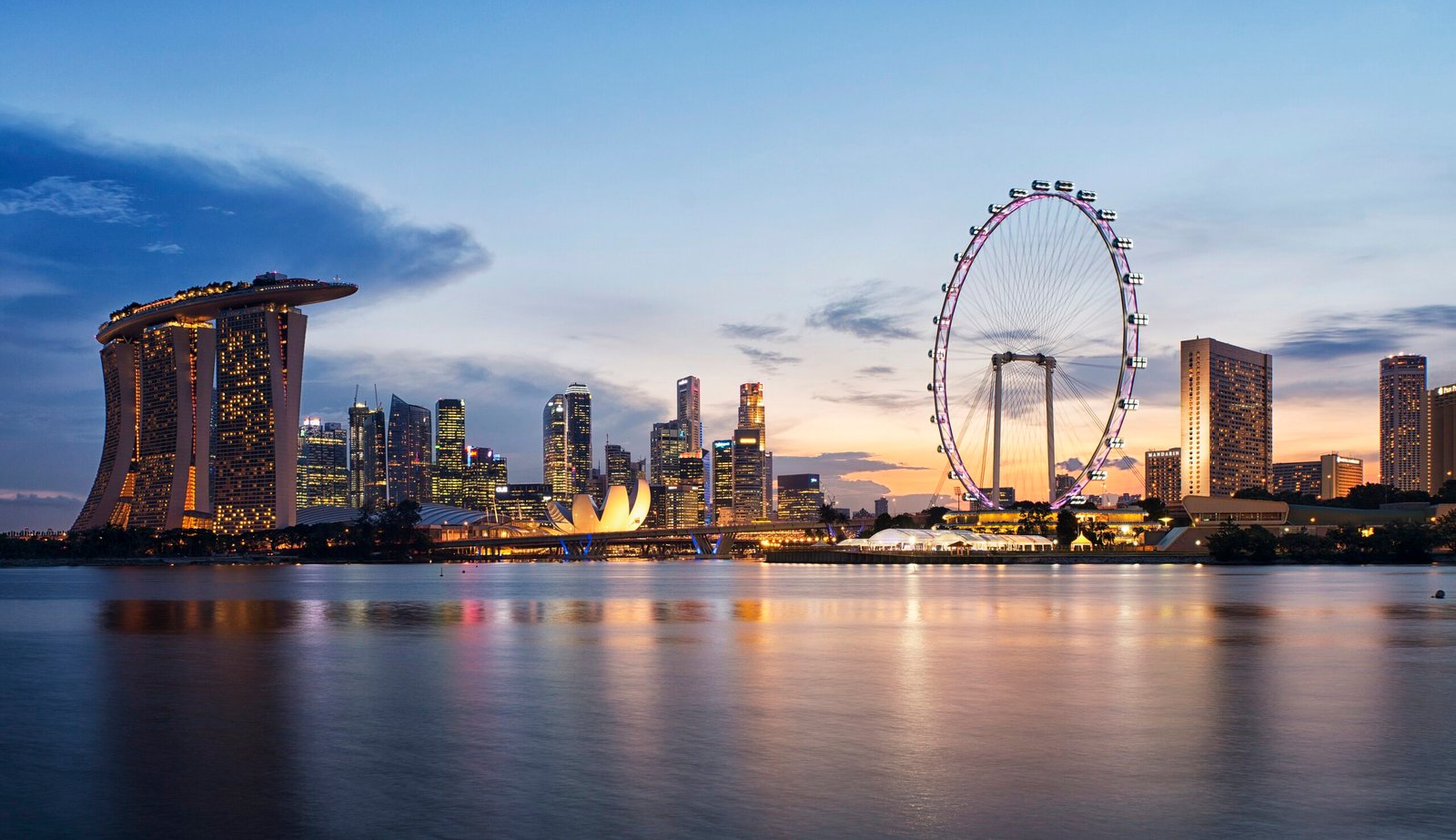 Singapore skyline at sunset viewed from Gardens by the Bay East