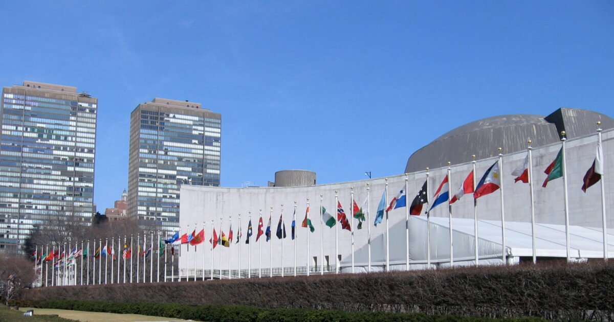 Rows of national flags flying outside the United Nations Headquarters in New York City