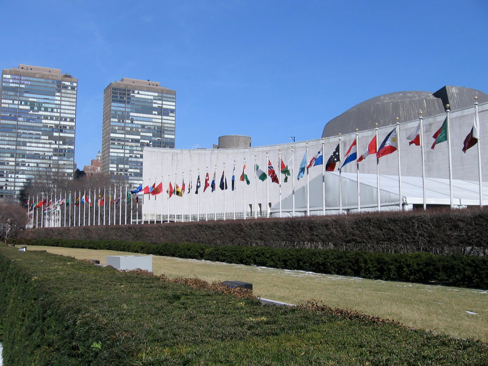 Rows of national flags flying outside the United Nations Headquarters in New York City
