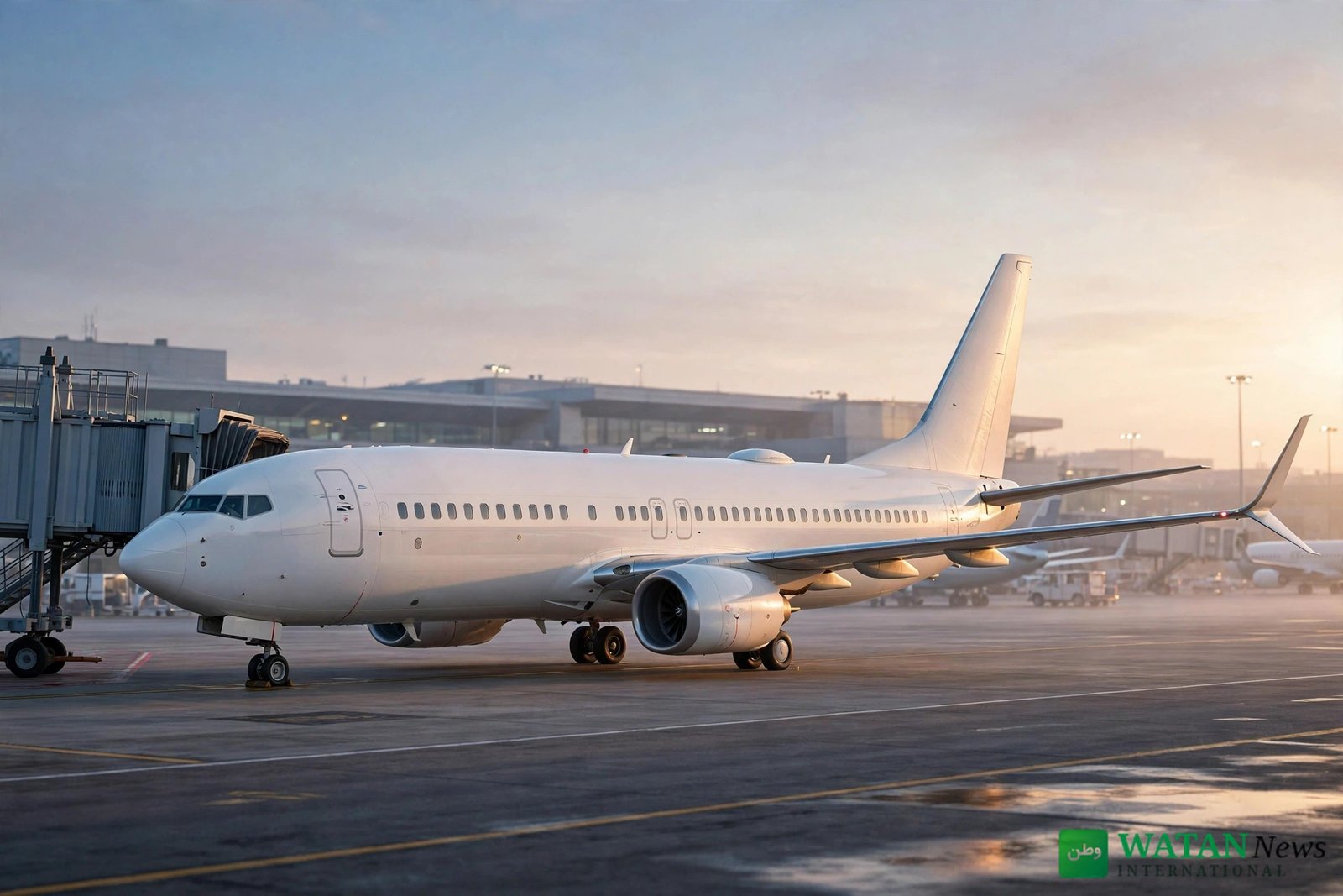Flight 1073 aircraft &mdash; Boeing 737 MAX 8 at an airport gate at dawn