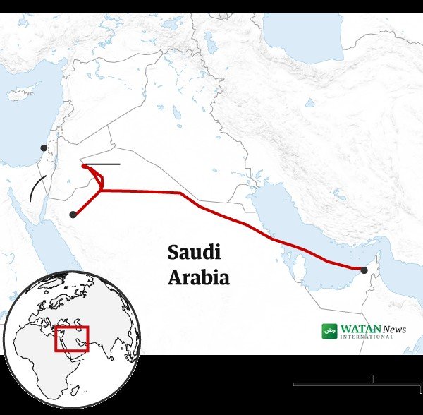 Flight 1073 route map — flydubai flight from Dubai diverted to Tabuk, Saudi Arabia after cockpit stabbing