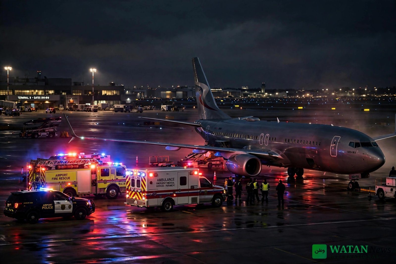 Flight 1073 emergency landing &mdash; emergency vehicles on an airport tarmac at night