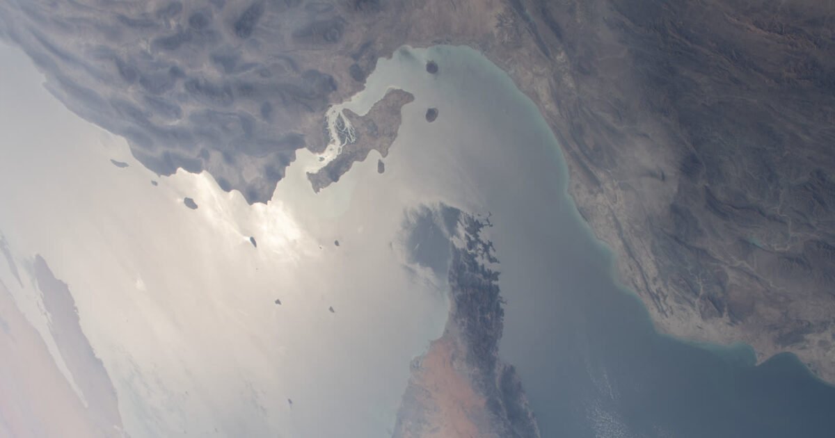 Aerial view of the Strait of Hormuz separating Iran and the United Arab Emirates, photographed from the International Space Station