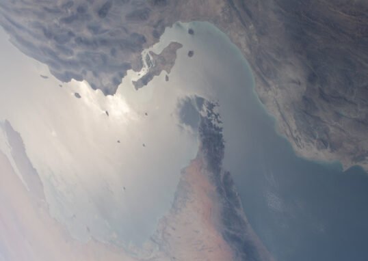 Aerial view of the Strait of Hormuz separating Iran and the United Arab Emirates, photographed from the International Space Station