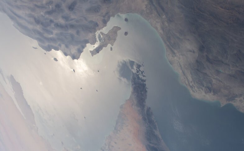 Aerial view of the Strait of Hormuz separating Iran and the United Arab Emirates, photographed from the International Space Station