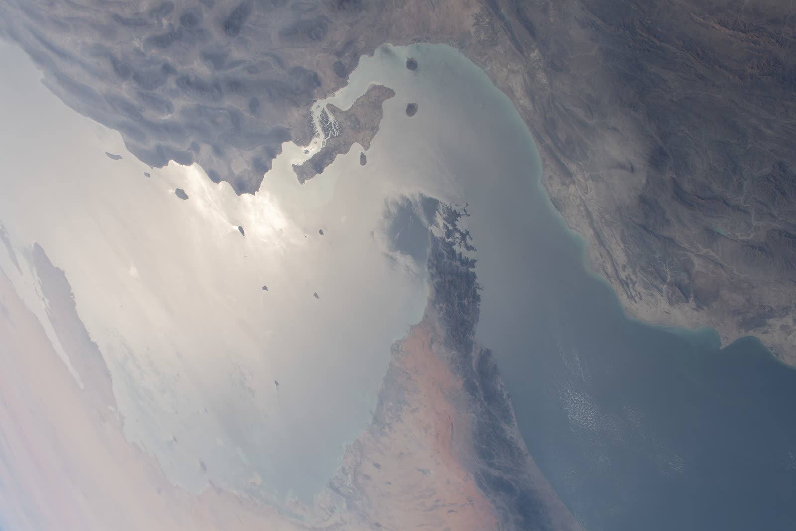 Aerial view of the Strait of Hormuz separating Iran and the United Arab Emirates, photographed from the International Space Station