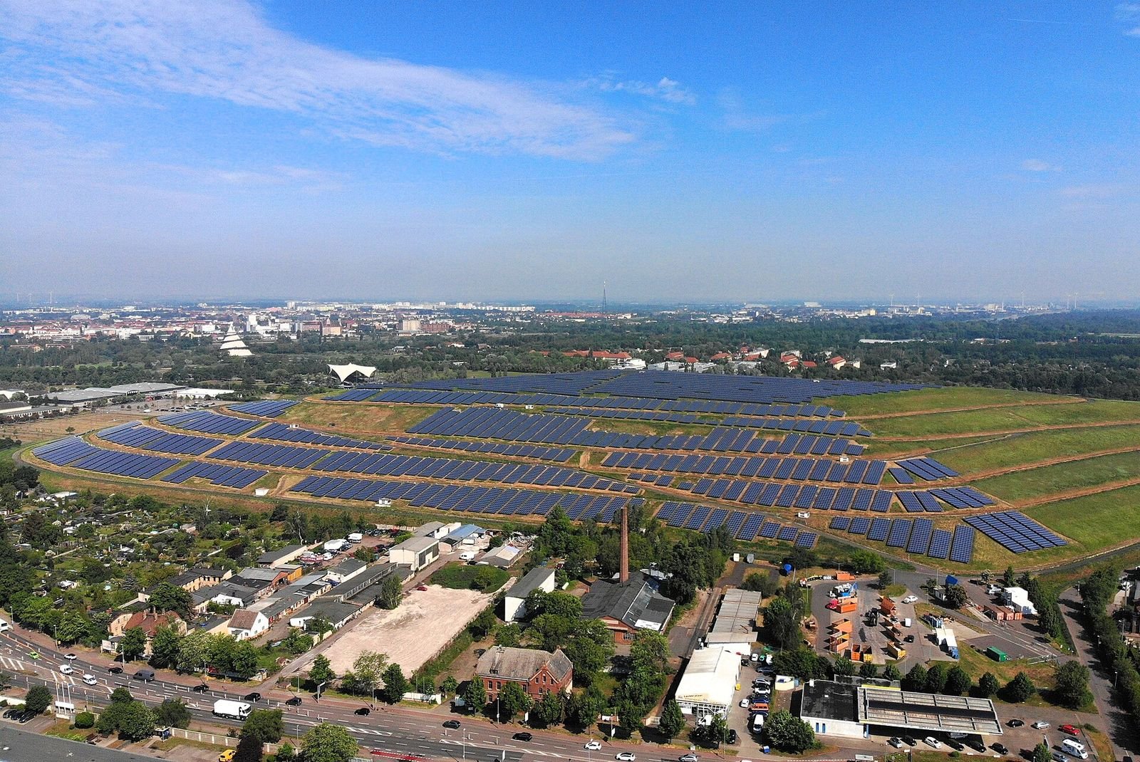 Aerial view of Solarpark Magdeburg in Germany