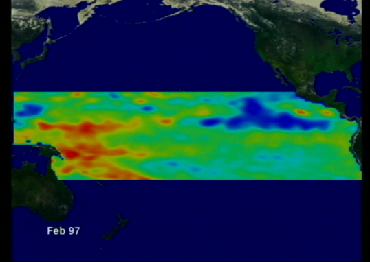 Pacific Ocean sea surface height anomalies during the 1997 El Niño from TOPEX/Poseidon satellite data