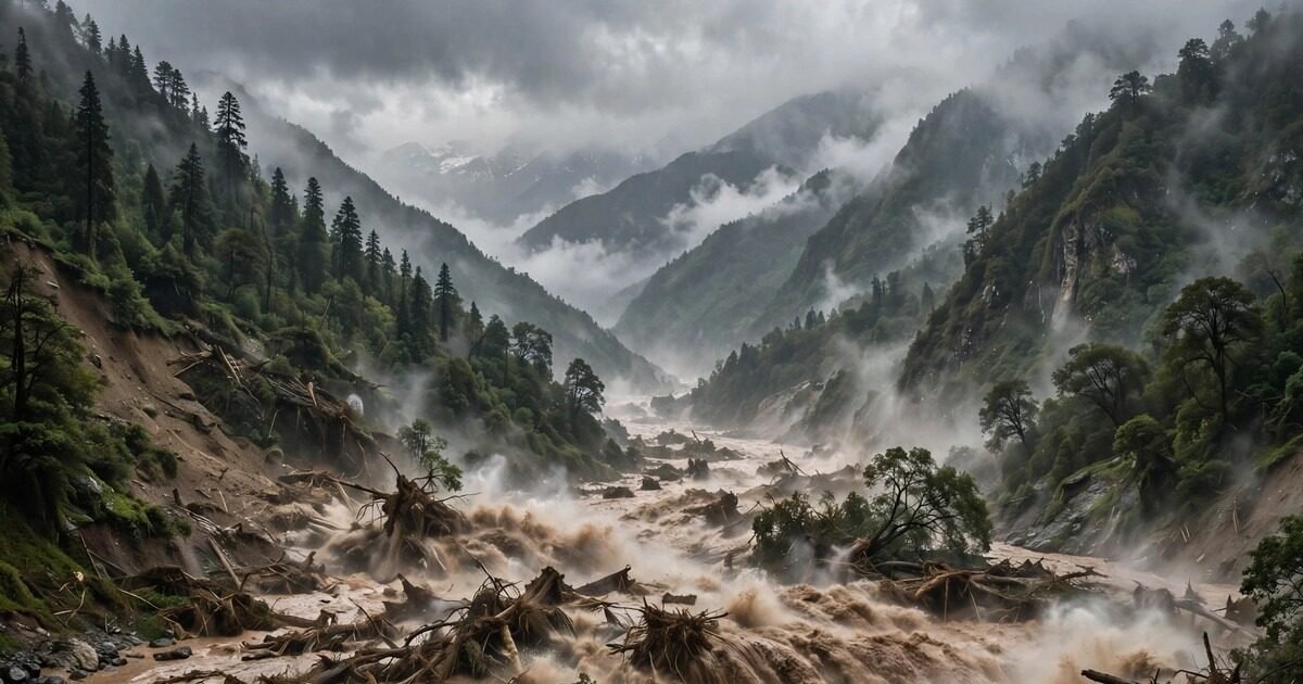 Massive muddy flash flood torrent in Himalayan river valley on Nepal-Tibet border