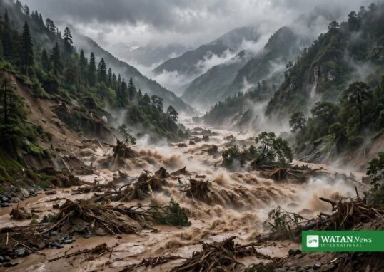 Massive muddy flash flood torrent in Himalayan river valley on Nepal-Tibet border