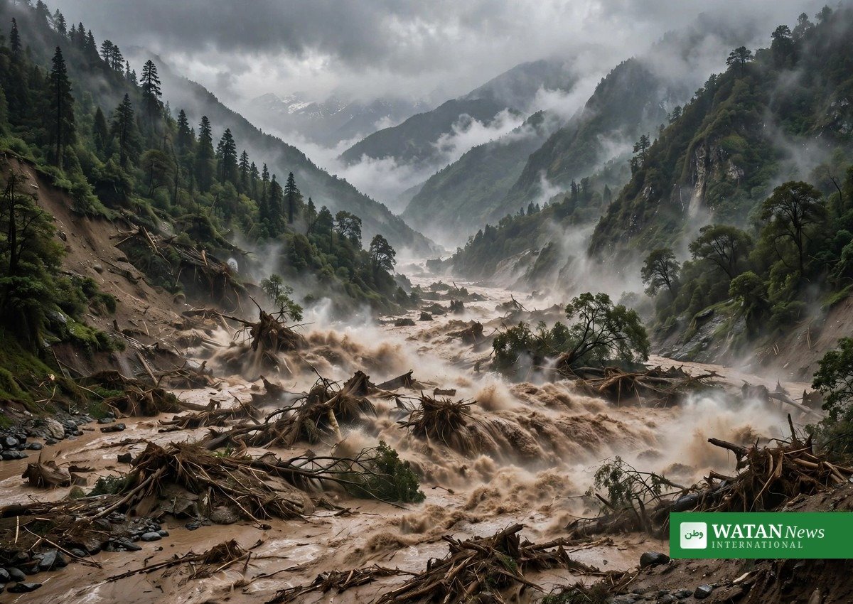 Massive muddy flash flood torrent in Himalayan river valley on Nepal-Tibet border