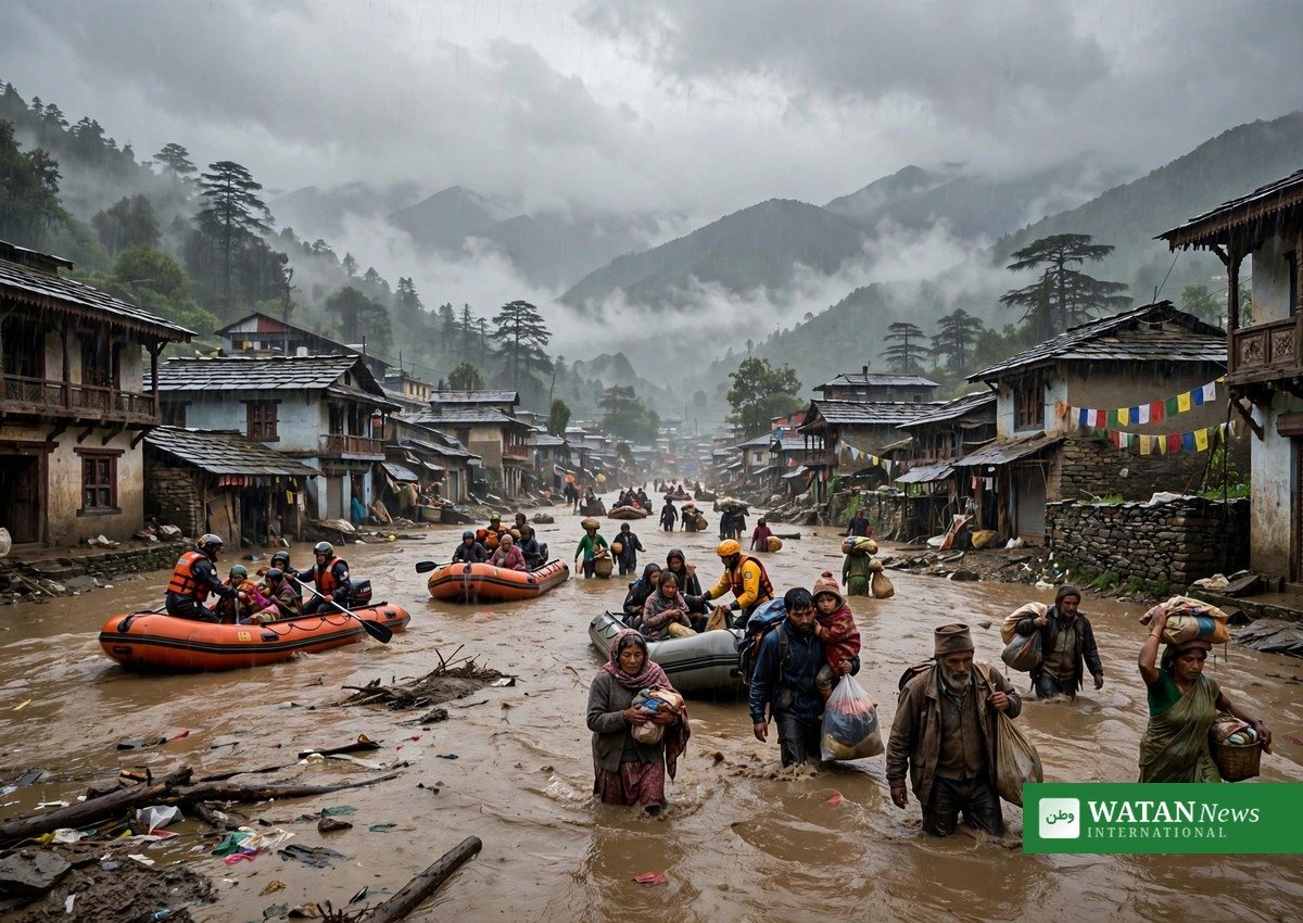 Rescue teams evacuating villagers by boat from flooded Himalayan town in Nepal