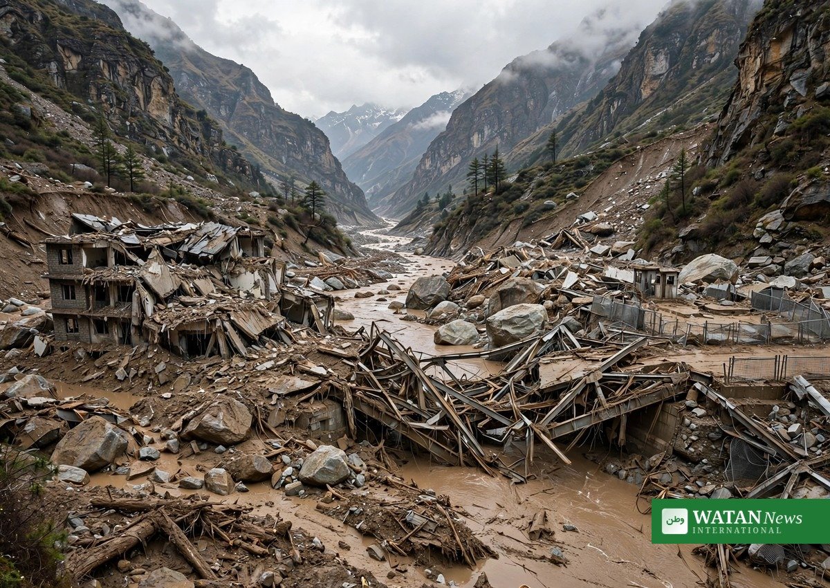 Destroyed border checkpoint buildings in Himalayan gorge after Nepal-Tibet flash flood