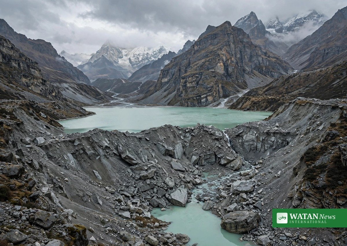 Barrier lake formed by landslide debris blocking a Himalayan river in Nepal