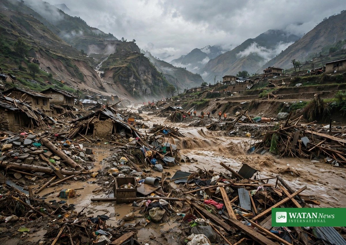 Flood-damaged Himalayan village with rescue workers searching debris in Nepal