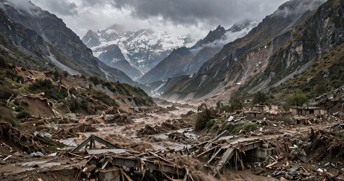 Destroyed bridge in a Himalayan valley after the devastating Nepal flash flood