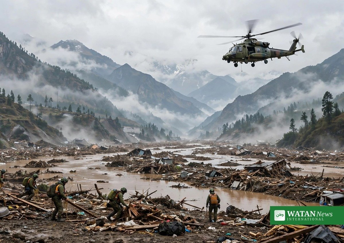 Military rescue helicopter flying over a flood-devastated Nepal mountain valley