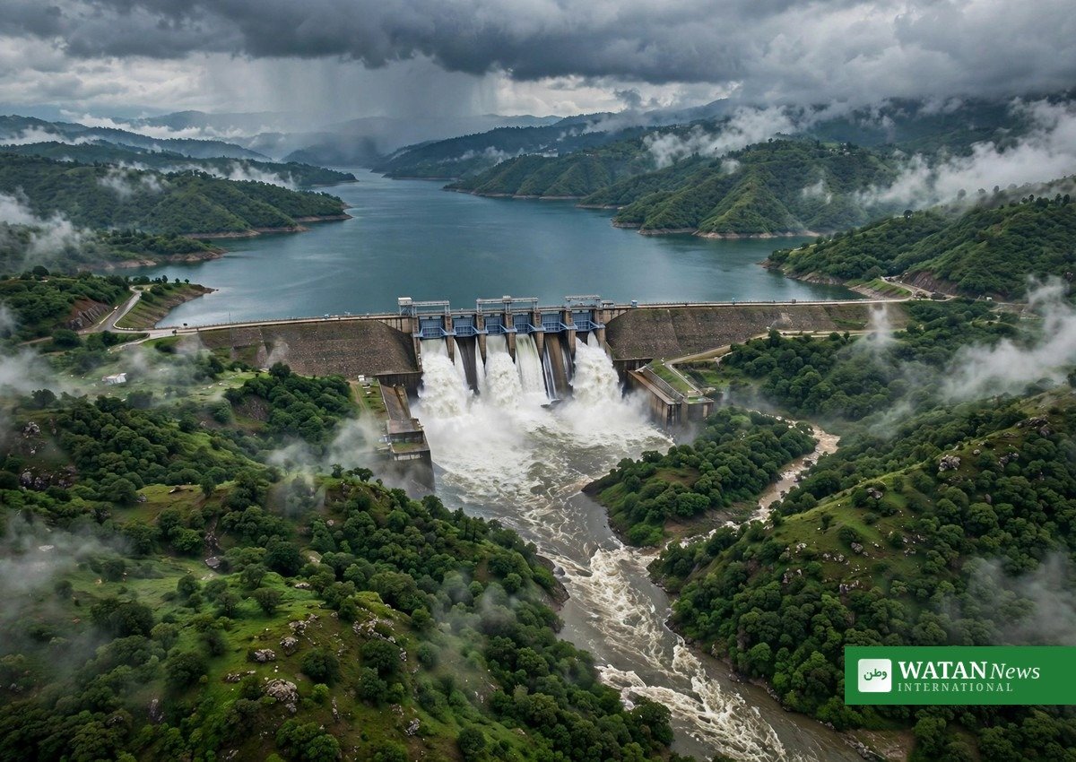 Aerial view of Rawal Dam with spillway gates discharging water into the river