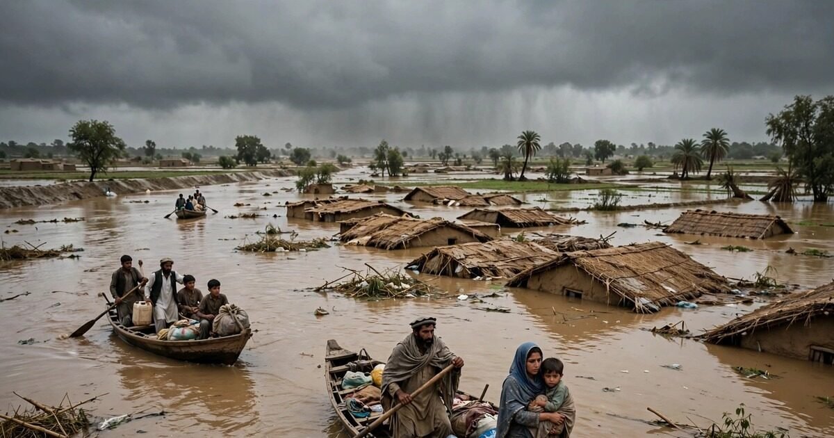 Families evacuating by boat from a flooded village in Pakistan during monsoon floods