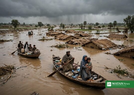Families evacuating by boat from a flooded village in Pakistan during monsoon floods