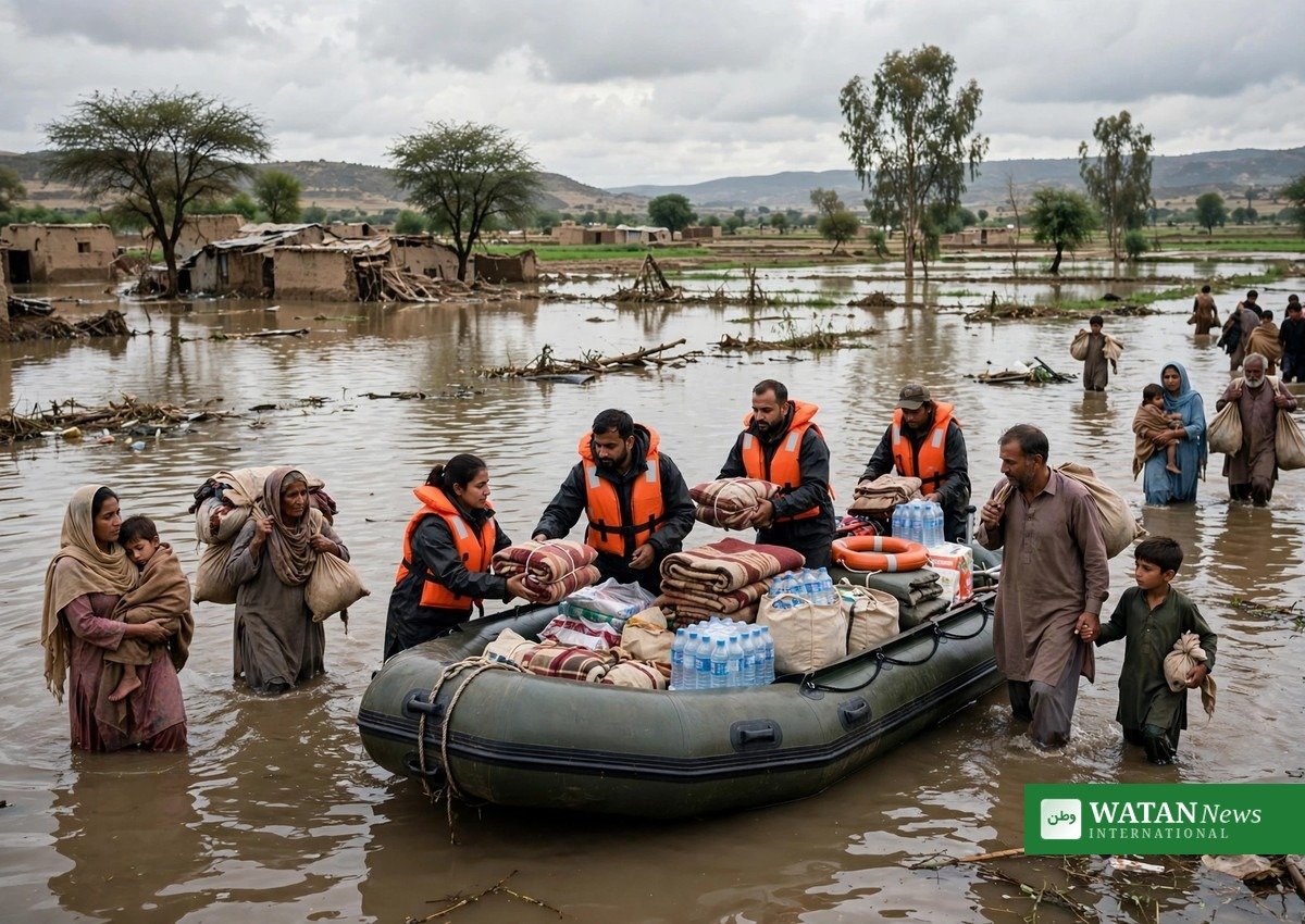Rescue workers in boats distributing aid to flood-hit families in Pakistan