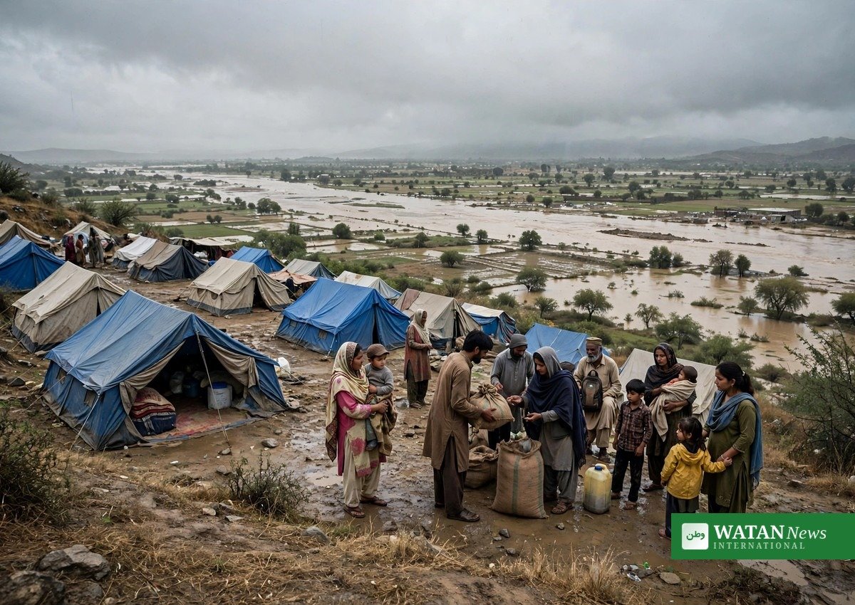 Relief camp on higher ground housing displaced Pakistan flood victims