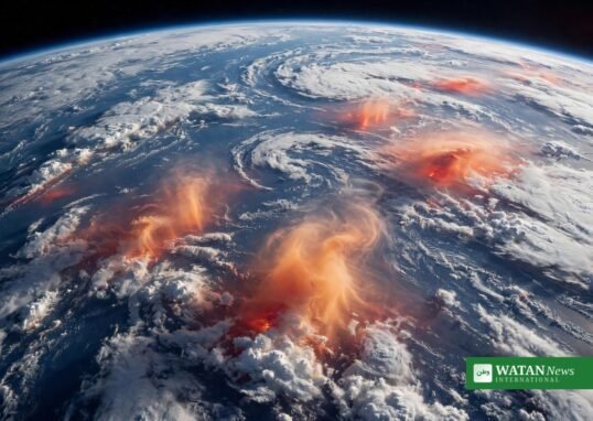 Earth seen from space with El Nino heat anomalies glowing over the Pacific Ocean