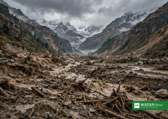 Mud and debris in a Himalayan valley after the August 2026 Nepal floods — one of the deadliest disasters in Nepal's history