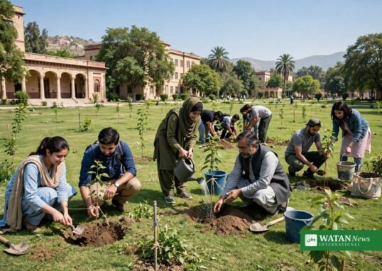 Students and teachers planting saplings during the tree plantation drive Rawalpindi organized by the Horticulture Agency at Government Associate College for Women, Gowalmandi
