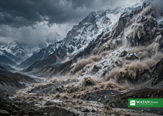 Himalayan rock and ice avalanche cascading down a snow-capped mountain slope, Nepal