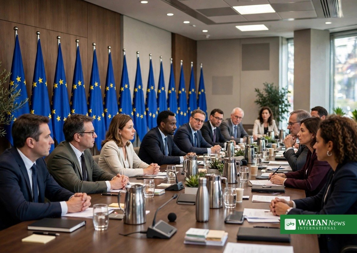 European Union officials in a conference room with EU flags during climate negotiations ahead of COP31
