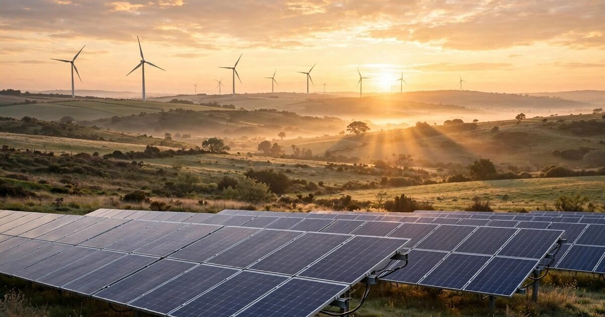 Solar panels in the foreground and wind turbines on the horizon at sunrise, illustrating Pakistan's renewable energy growth prospects