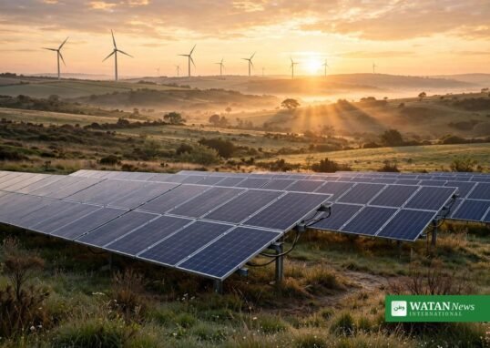 Solar panels in the foreground and wind turbines on the horizon at sunrise, illustrating Pakistan's renewable energy growth prospects