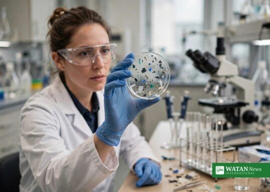 A scientist in a laboratory holding a petri dish with tiny plastic fragments, studying the health effects of plastic chemicals