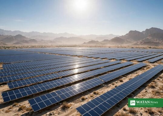 Aerial view of a large solar farm in a desert landscape in Pakistan symbolising the country's renewable energy growth