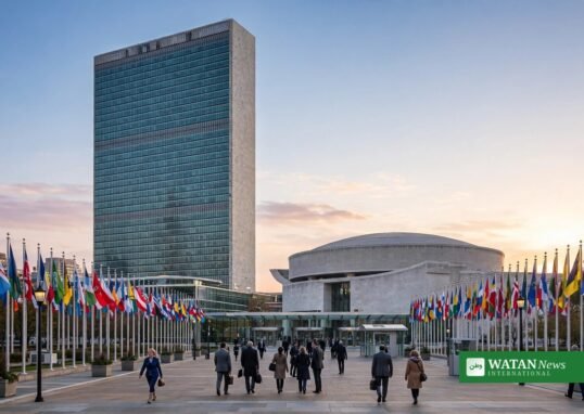 United Nations headquarters in New York with rows of national flags at sunset during UNGA high-level week