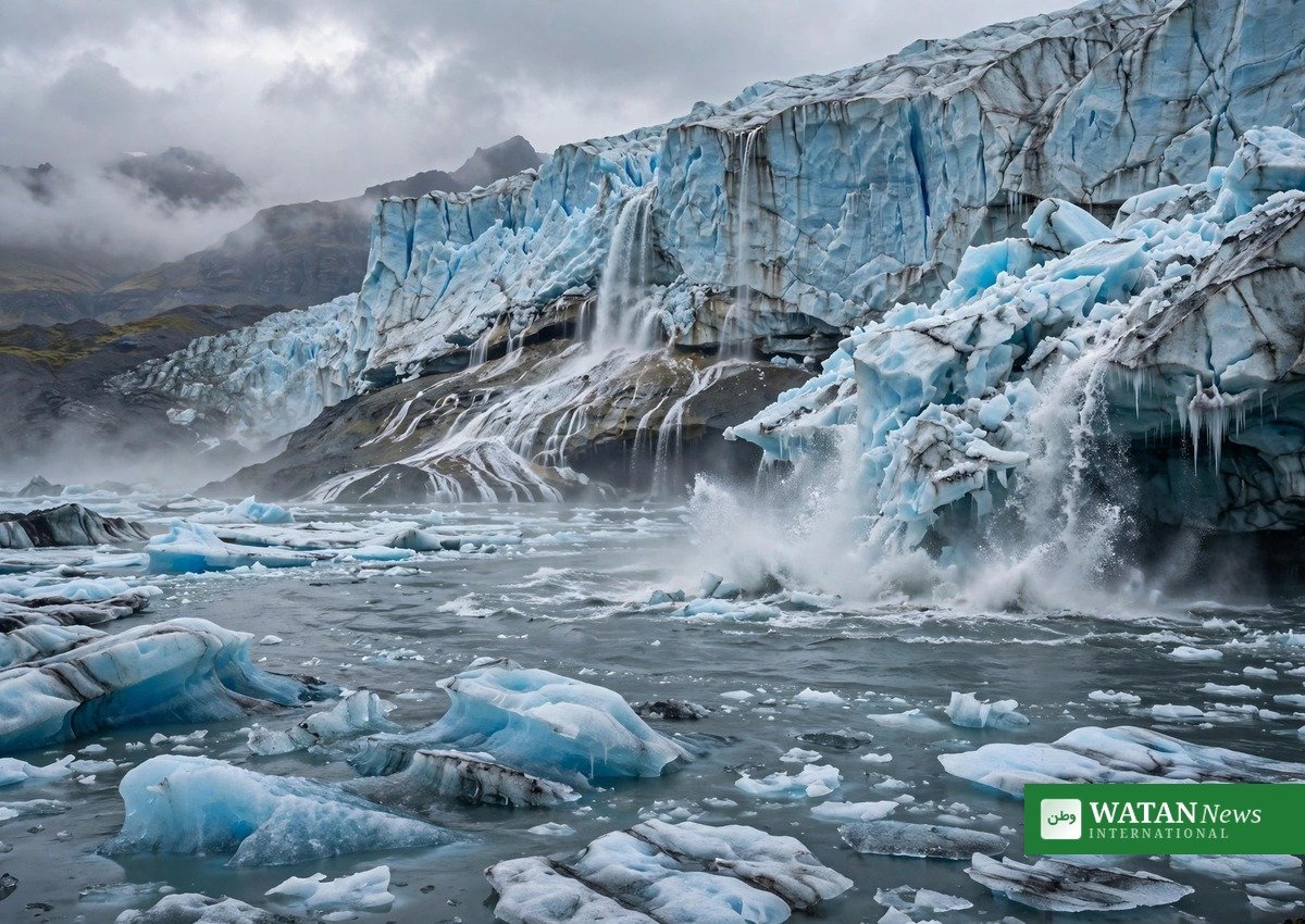 Glacier calving front with blue icebergs floating in a lagoon, illustrating Iceland glacier melt and sea-level rise