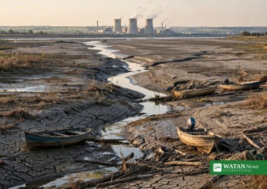 Nuclear power plant cooling towers beside a drought-stricken low river with stranded boats on cracked earth