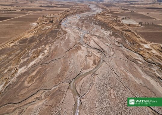 Aerial view of a parched river basin with cracked dry earth showing depleted global water resources
