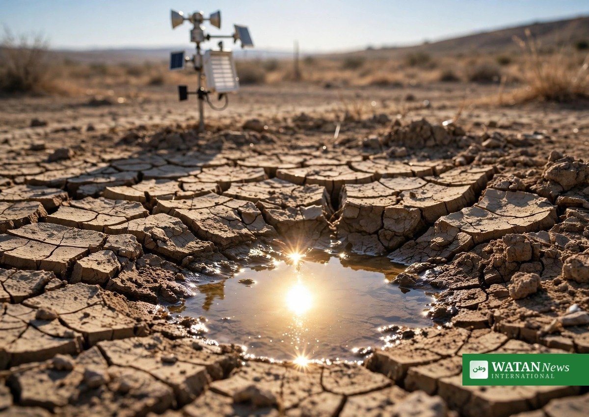 Close-up of cracked dry earth with a small remaining puddle and a weather monitoring station in a drought-hit area