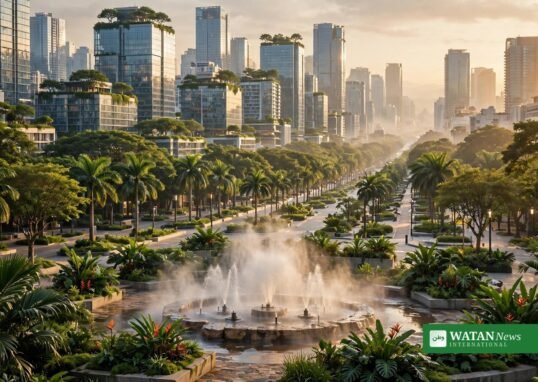 Illustration of a green tropical city in Singapore with trees, cooling mist fountains and gardens representing nature-based sustainable cooling